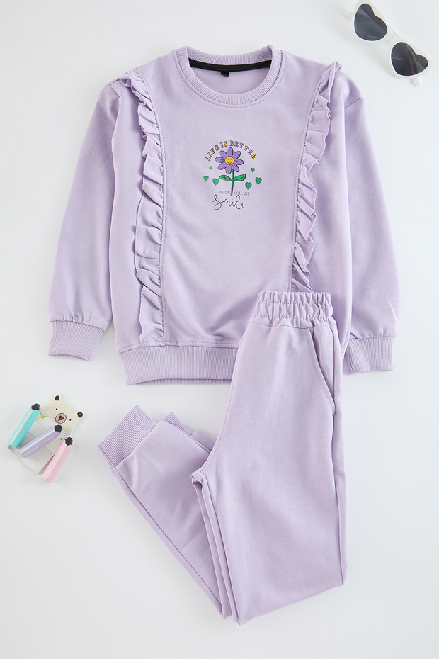 Lila Pamuklu Çiçek Baskılı Örme Kız Çocuk Sweatshirt ve Eşofman Alt-Üst Takım TKDAW25AU00077 - 3