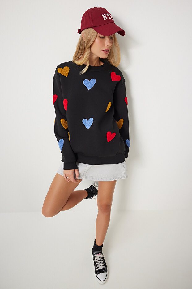 Women's Black Heart Textured Knitted Sweatshirt Nj00162