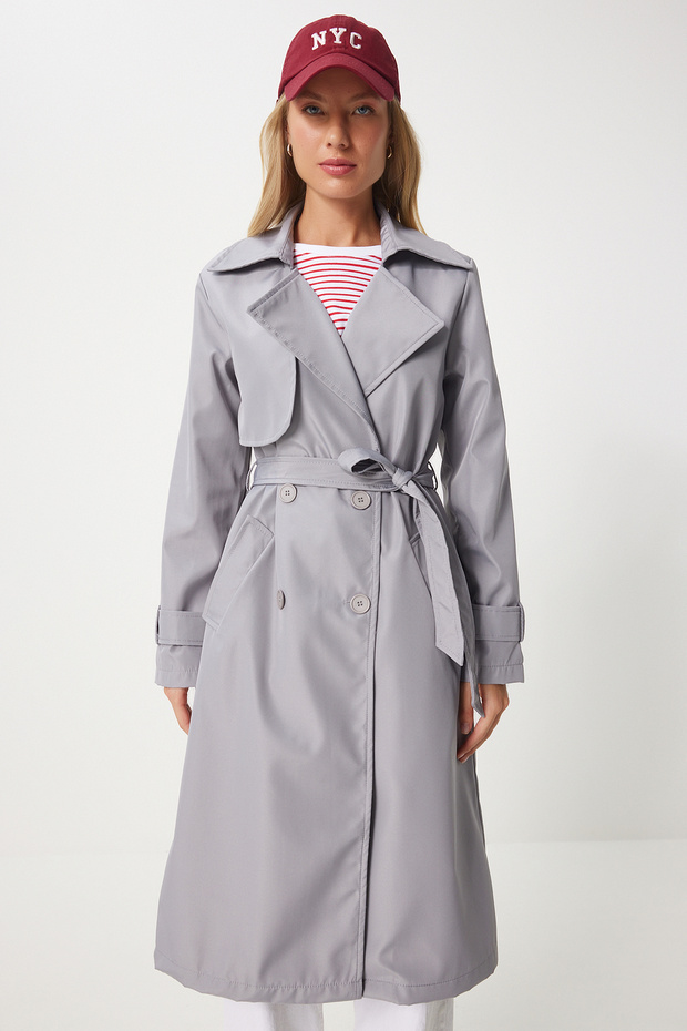 Grauer, fließender langer Trenchcoat für Damen – DD01334 - 6