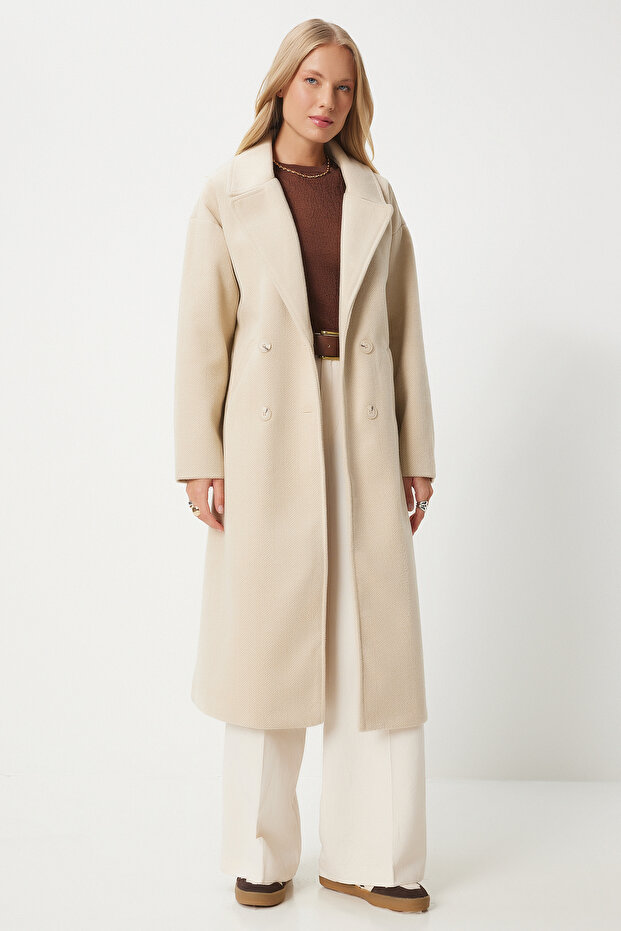 Women's Beige Double-Breasted Collared Cashmere Coat Dd01337