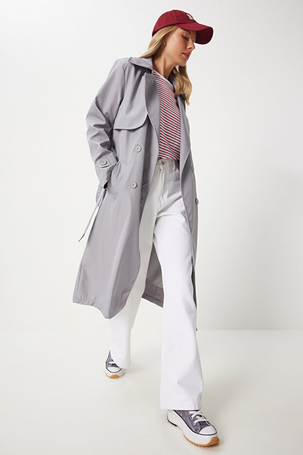 Grauer, fließender langer Trenchcoat für Damen – DD01334 - 4