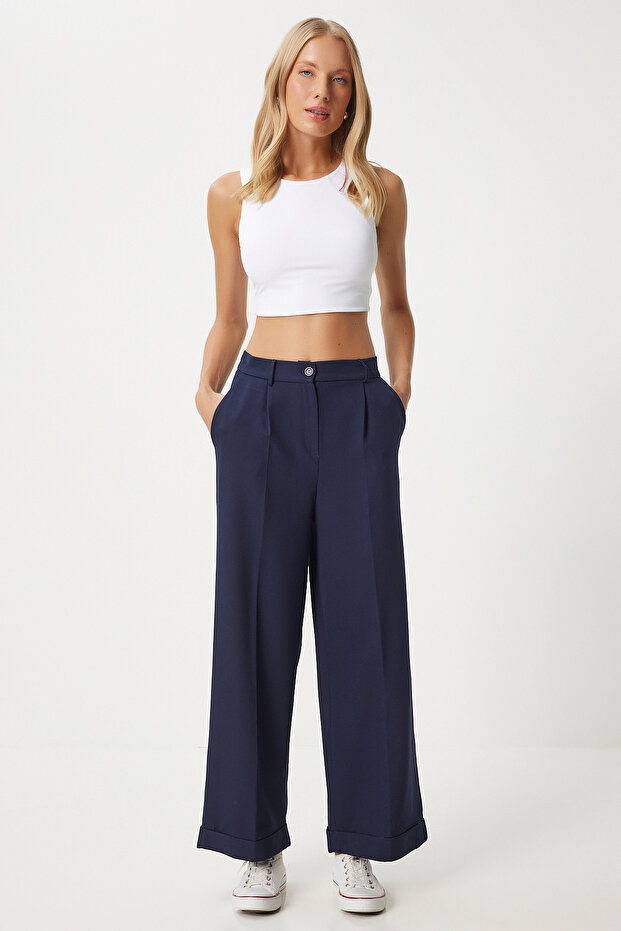 Women's Navy Blue Wide Leg Comfortable Woven Pants Fn03365