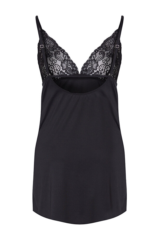 Siyah Pencere/Cut Out Detaylı İp Askılı Örme Büyük Beden Babydoll TBBAW25DH00000 - 6
