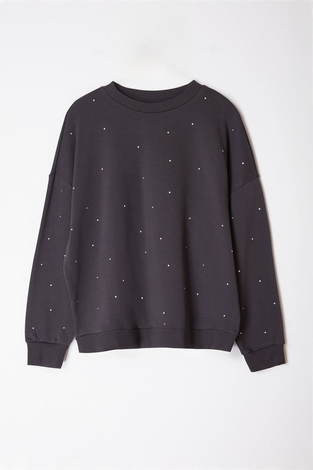 Antrasit Kalın Taşlı Detaylı Örme Büyük Beden Sweatshirt TBBAW24SW00000 - 6