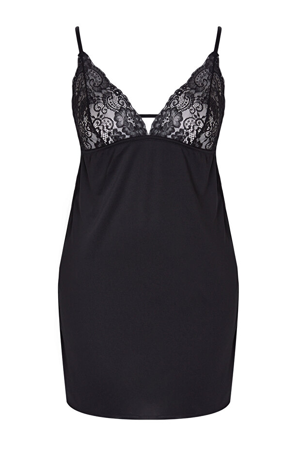 Siyah Pencere/Cut Out Detaylı İp Askılı Örme Büyük Beden Babydoll TBBAW25DH00000 - 2