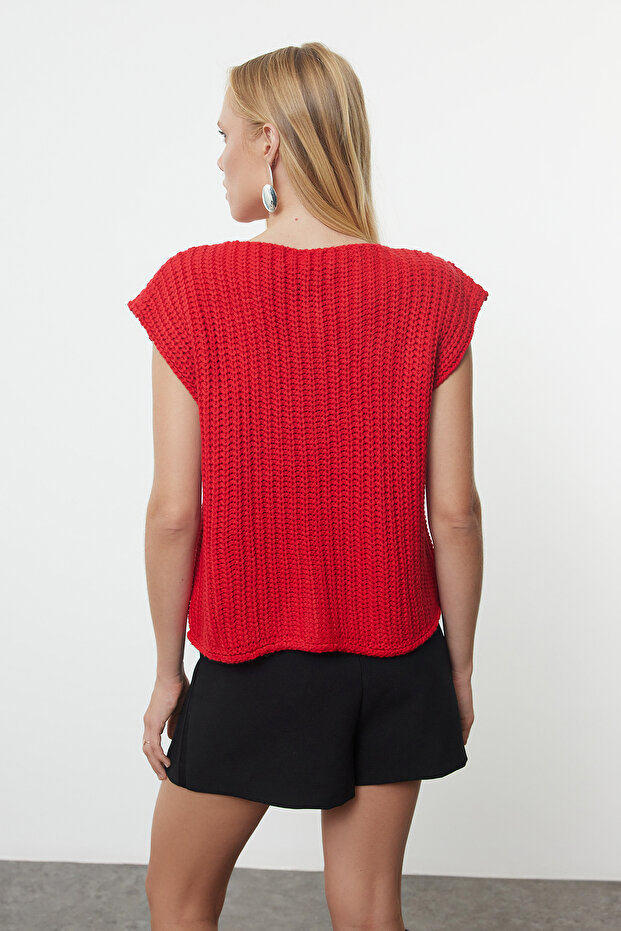 Kırmızı Yumuşak Dokulu Fitted Triko Triko Yelek TWOAW25YE00027 - 5