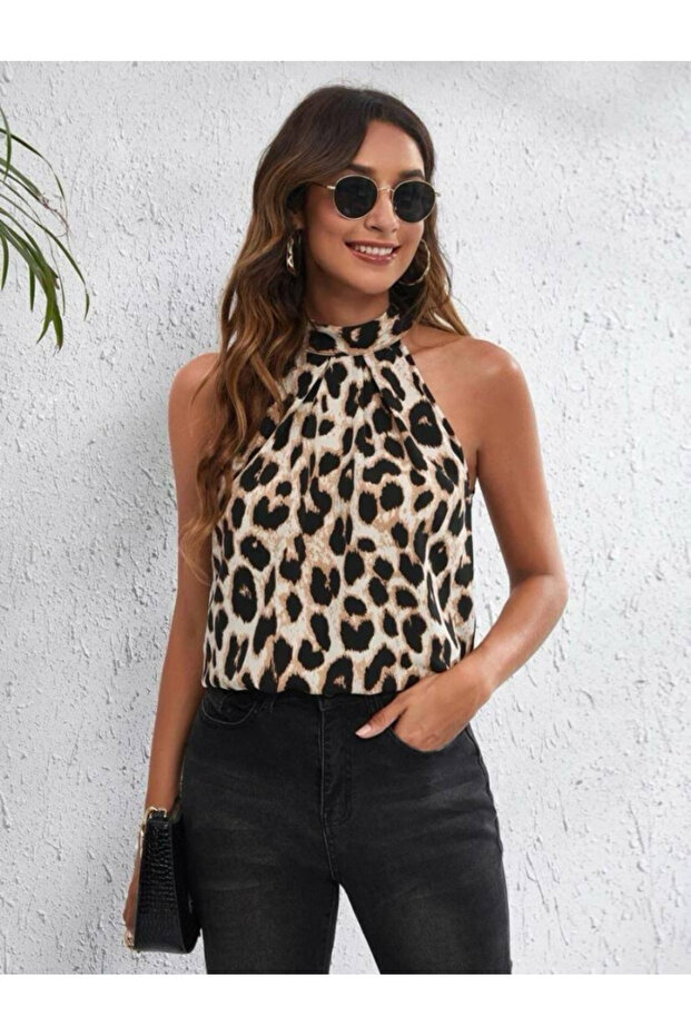 Women's Halter Neck Leopard Patterned Micro Fabric Blouse