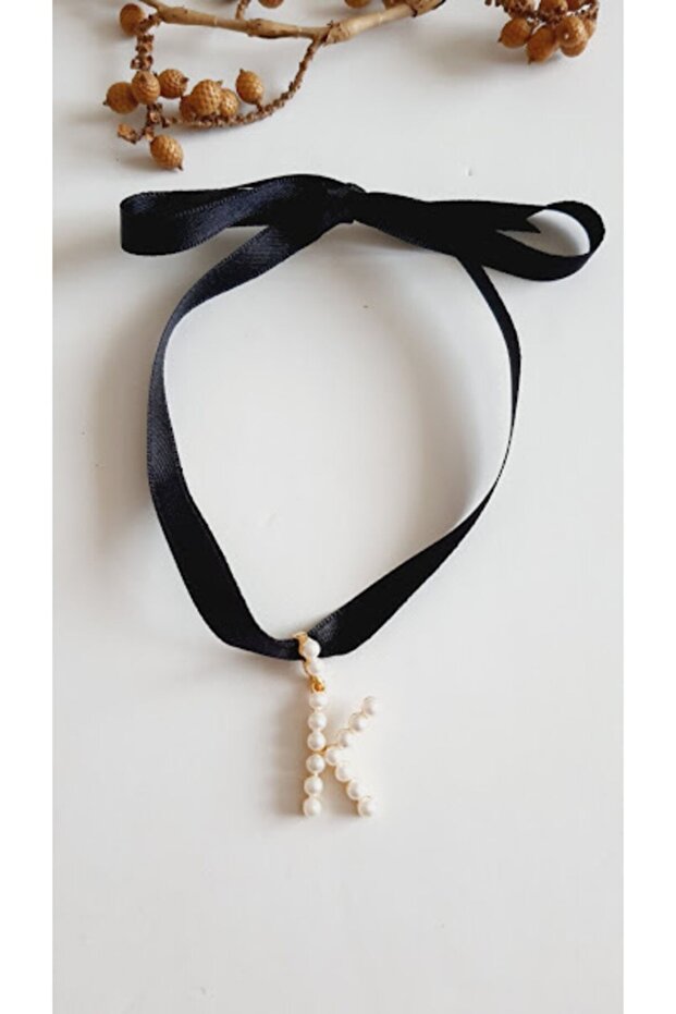 K Letter Style Pearl Ribbon Choker Necklace
