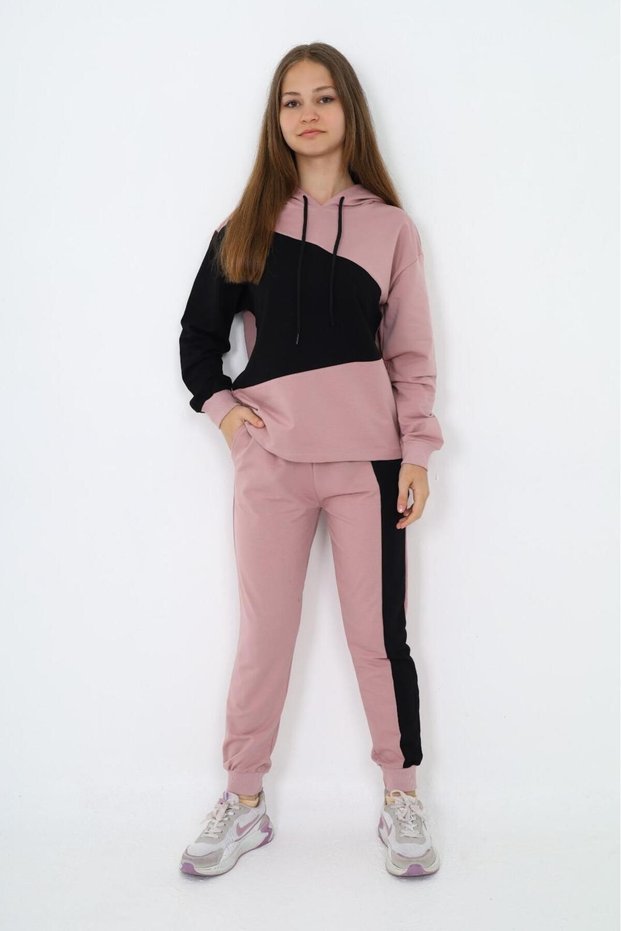 Girl's 100% Cotton Garnished Hooded Sports Tracksuit Set