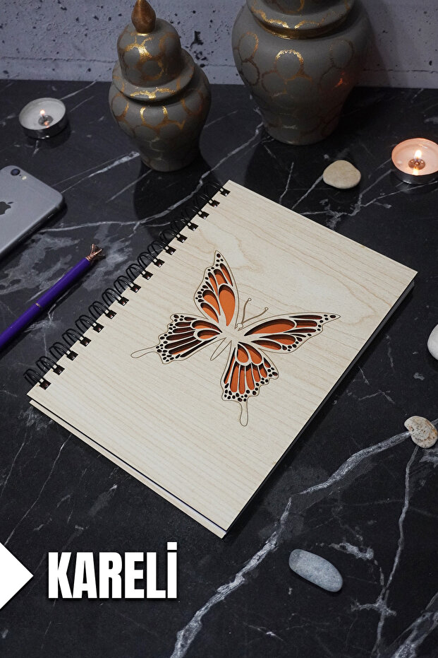 Butterfly Themed Wooden Cover Notebook - Checkered Notebook - Agenda - School Notebook (A5 - 120 Pages)