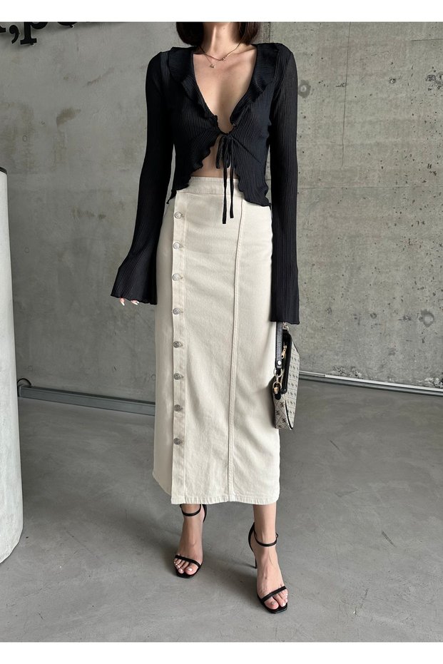 Women's Buttoned Front Long Beige Color Lycra Denim Skirt