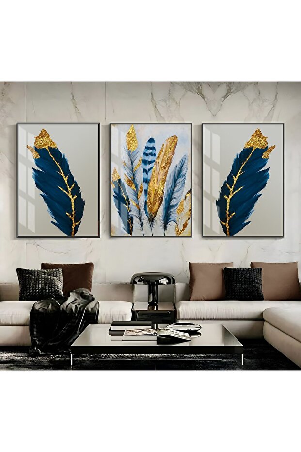 Hari̇kabi̇rev | Loved Navy Blue-Gold Loved Feather Combination | Framed Glass Table 3 Pieces Vertical
