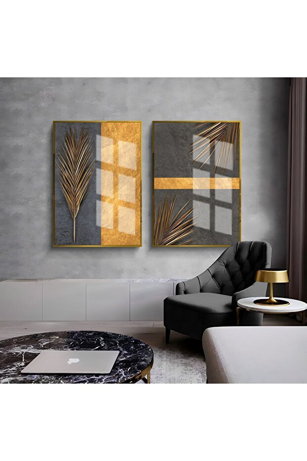 WONDROUS YELLOW-GRAY PALM LEAF PATTERNED COMBI 01 FRAMED GLASS TABLE 2-PIECE VERTICAL
