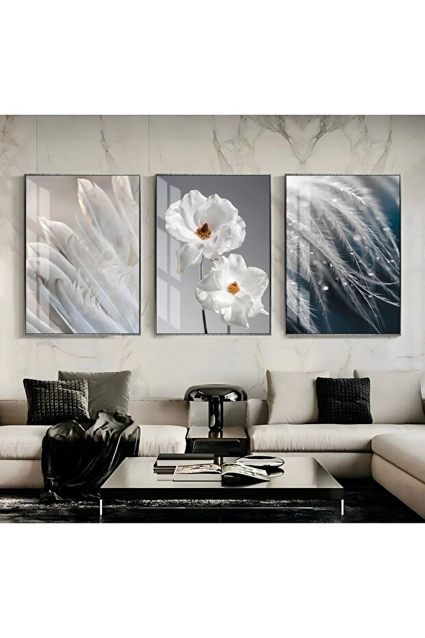 | Navy Blue-Gray Combination Feather Abstract | Framed Tempered Glass Table 3 Vertical