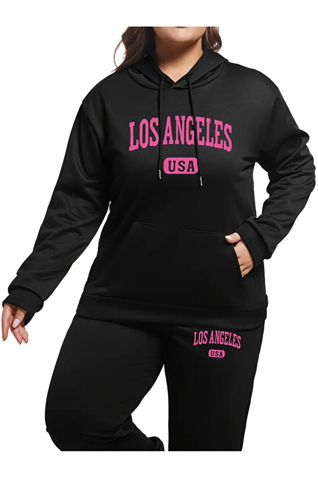 Los Angeles Usa Printed Top and Bottom Tracksuit Set Oversize Hooded