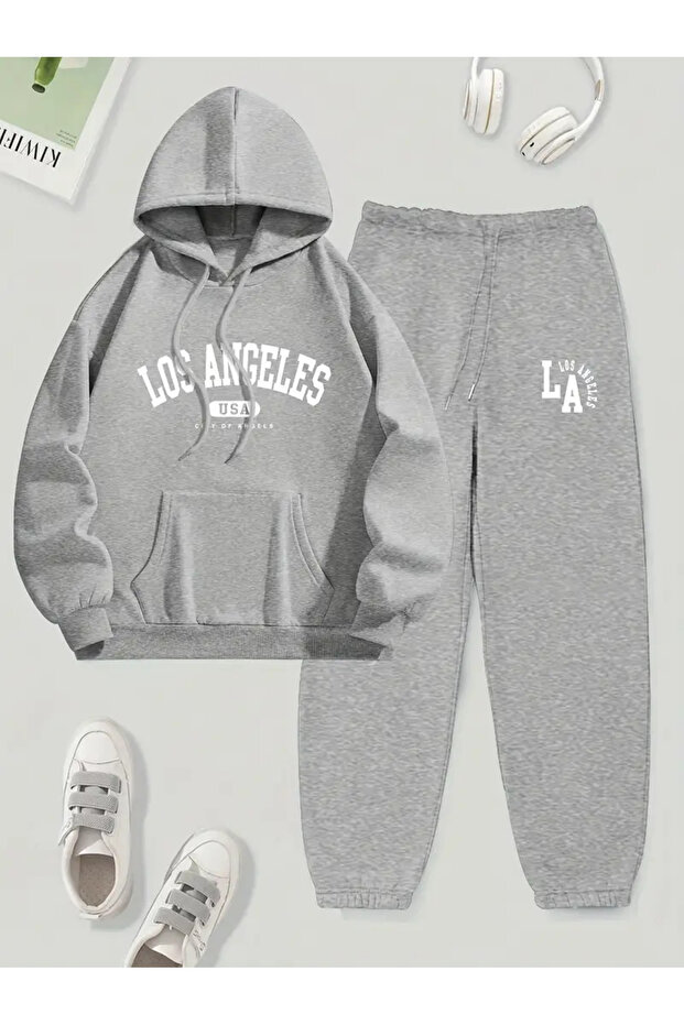Los Angeles Usa City Printed Bottom Top Tracksuit Set Oversize Hooded