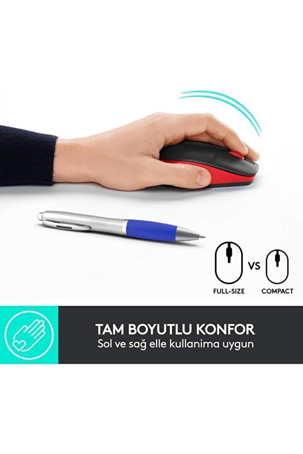 M191 Büyük Boy Usb Alıcılı 1.000 Dpi Kablosuz Mouse - Kırmızı - 4