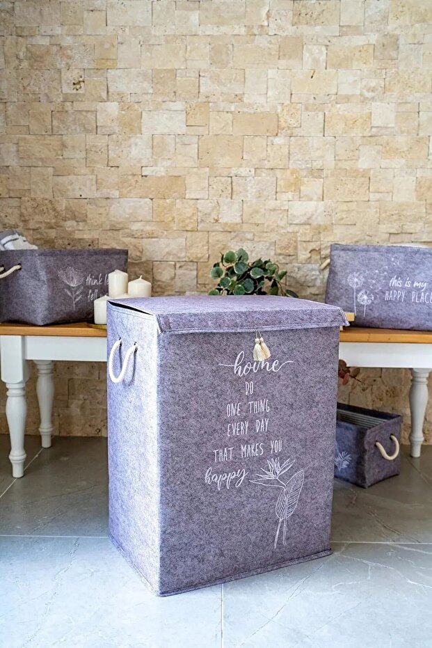 1 ad Keçe Kapaklı Kirli Çamaşır Sepeti 1 ad Mini Saklama Kutusu 2'li Set - 4