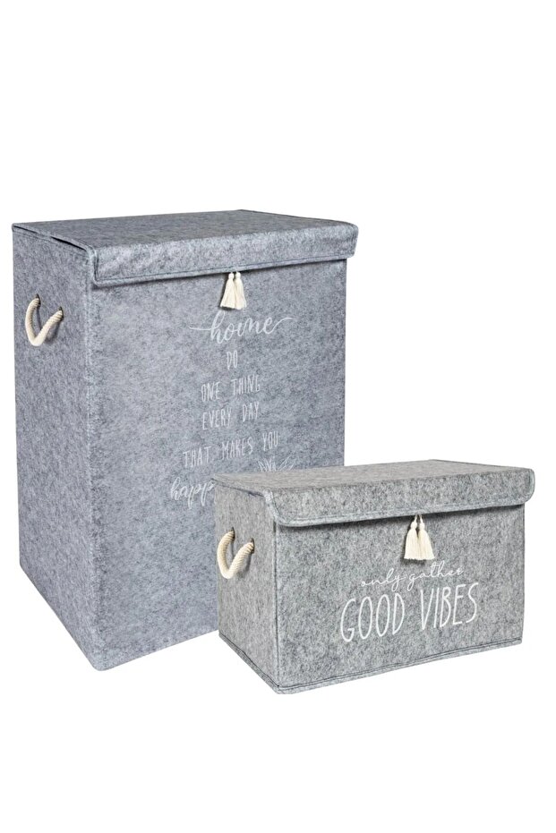 1 ad Keçe Kapaklı Kirli Çamaşır Sepeti 1 ad Mini Saklama Kutusu 2'li Set - 1