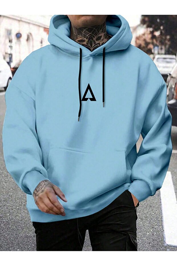 Blue - Triangular Print Hooded Oversized Sweatshirt