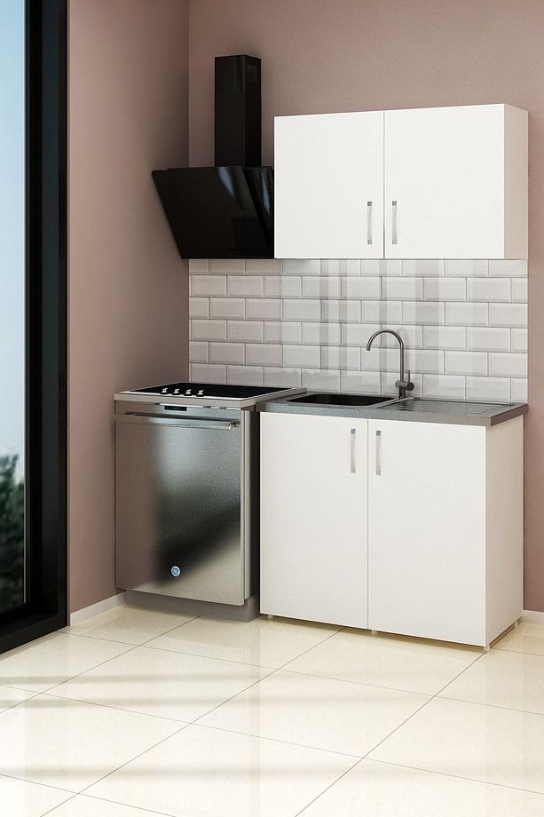 100 cm Mini Çelik Evyeli Mutfak Dolabı Alt Üst Seti, Minimalist Modern Mutfak Ünitesi - 4