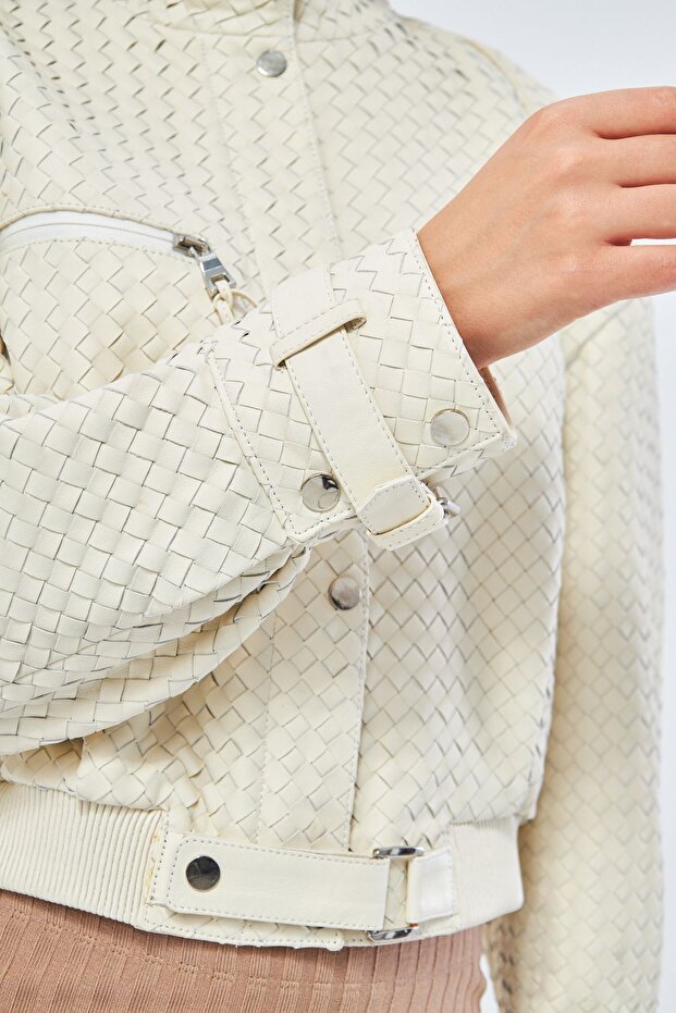 Oversize Deri Örme Biker Deri Ceket - 8