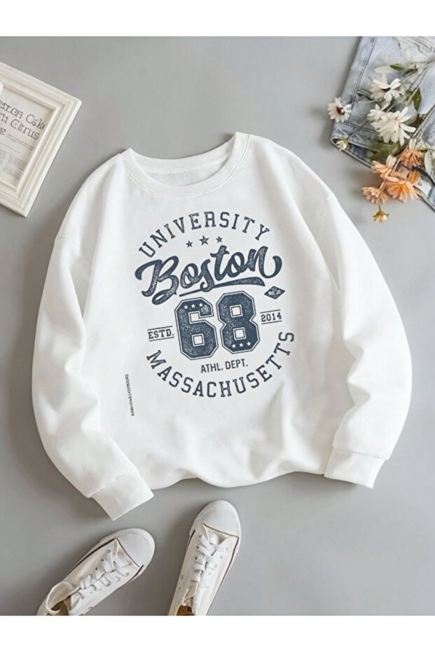 Unisex White Oversize Sweatshirt - Boston Printed