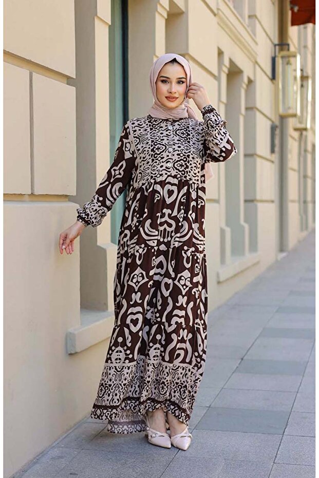 موديل 4101-02 فستان بني منقوش بنصف فتحة - 6