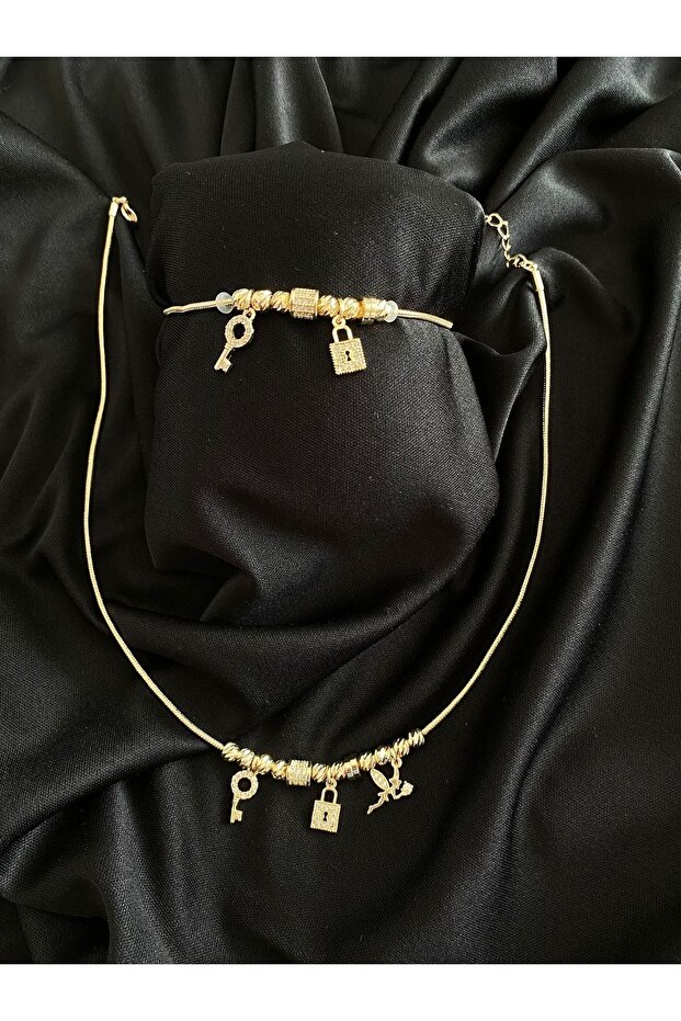 Zircon Stone Key Lock Necklace Bracelet Set