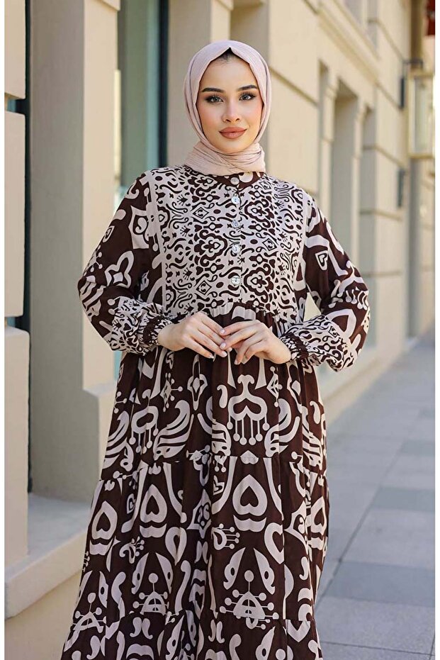 موديل 4101-02 فستان بني منقوش بنصف فتحة - 3