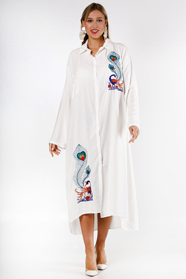 White Shirt Collar Long Sleeve Buttoned Appliqued Embroidered Wide Cut Woven Dress