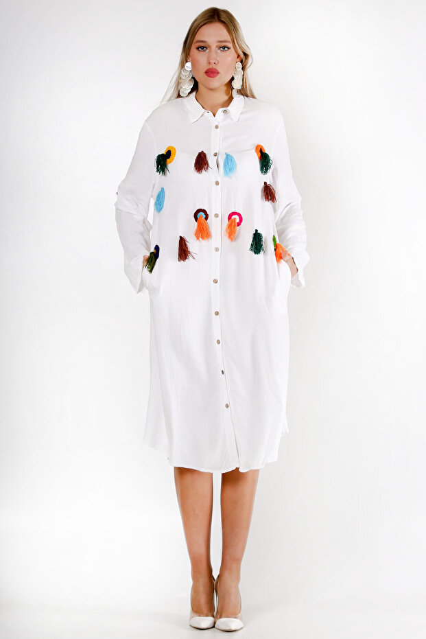 White Shirt Collar Long Sleeve Patterned Button Pocket Tassel Embroidered Wide Cut Woven Dress