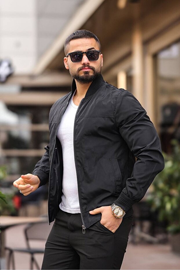 سترة بومبر أساسية ربيعية باللون الأسود للرجال - 2