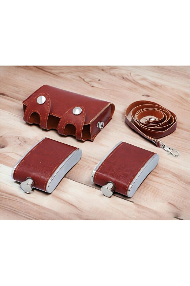 Luxury Gift Stainless Faux Leather Twin Whiskey Cognac Drink Flask with Strap Bag Pocket Flask 270 Ml