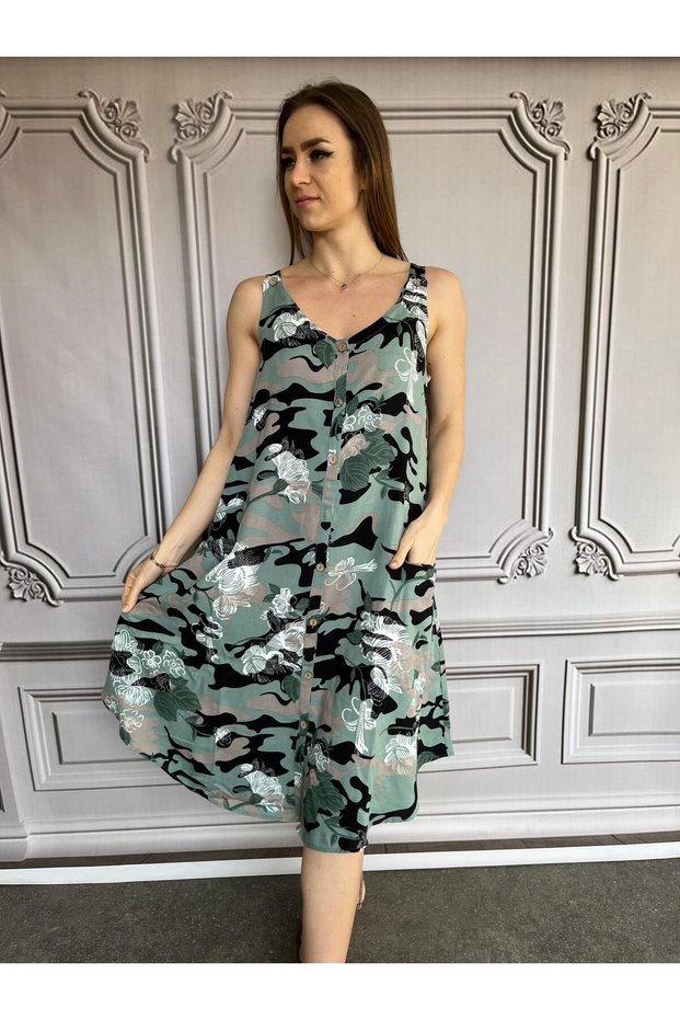 Women's Adjustable Strap Cotton Viscose Camouflage Dress