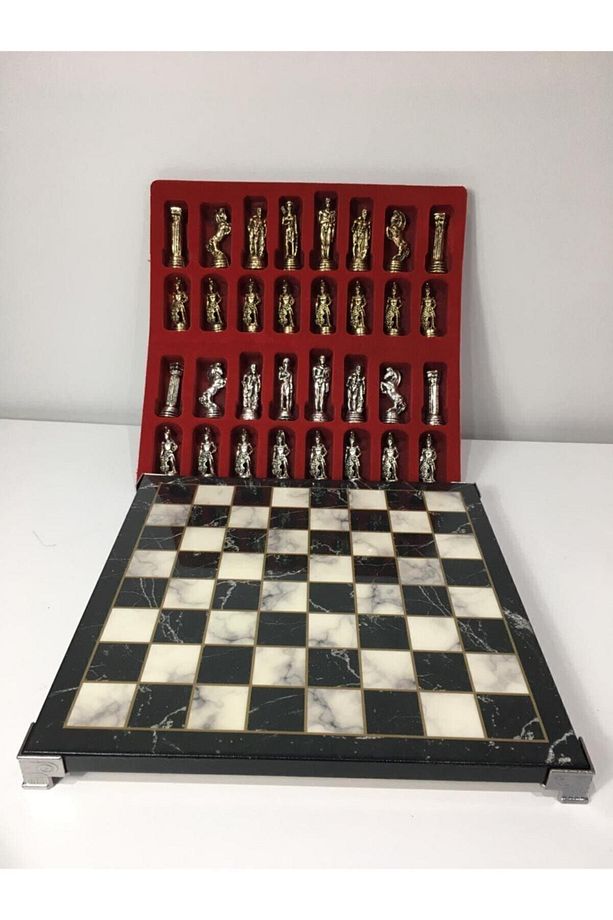 Lüks Mermer Desenli Satranç Takımı – Demir Döküm Ağır Taşlı, Dekoratif Ve Şık Tasarım 27.5x27.5 Cm - 4