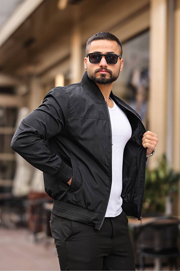 سترة بومبر أساسية ربيعية باللون الأسود للرجال - 3