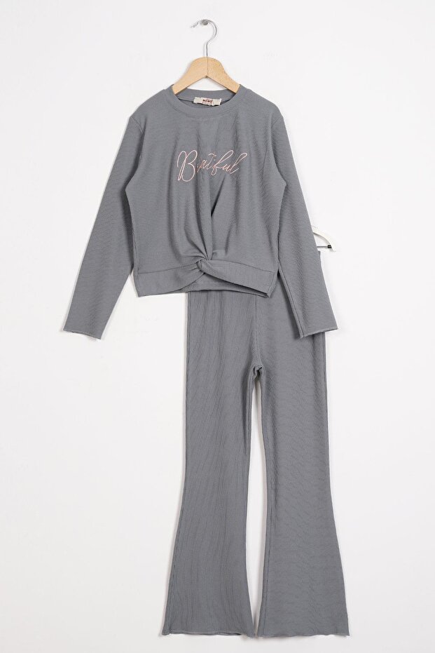 Crew Neck Long Sleeve Printed Anthracite Color Girls' Pants Set