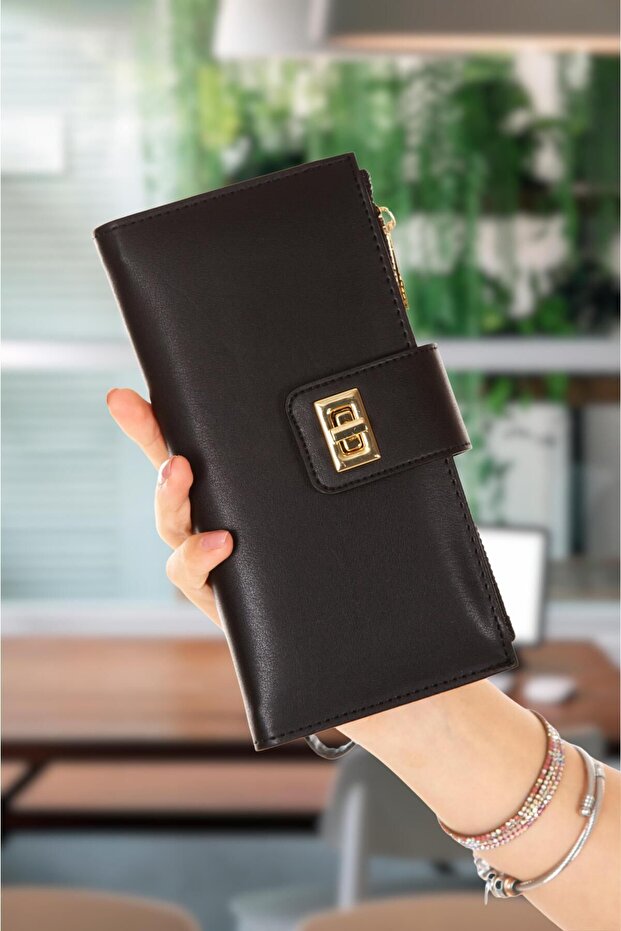 Női fekete Venesia papír érmekártyatartó rekesz, zárható csuklópántos portfóliós pénztárca - 1