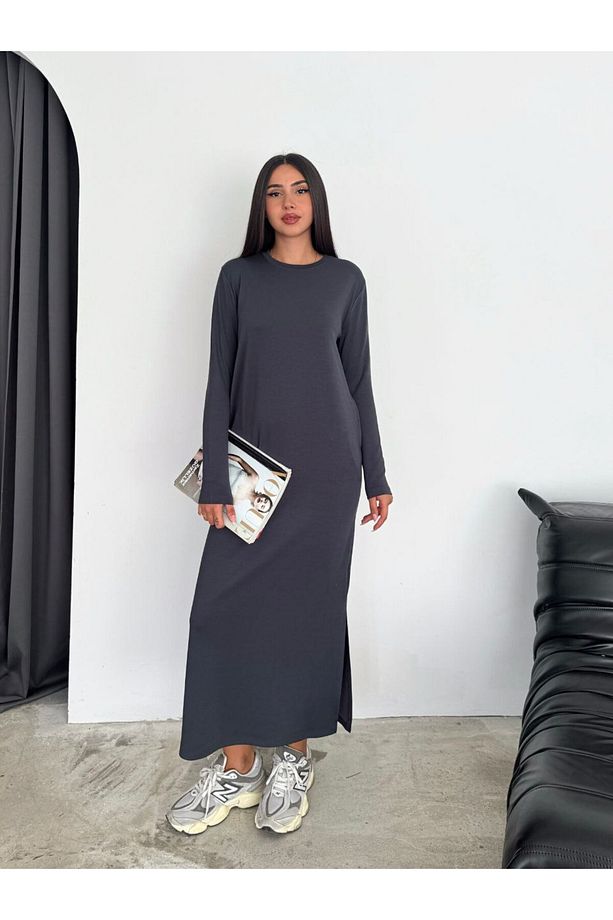 Modal Kumaş Uzun Kollu Basic Maxi Elbise - 1