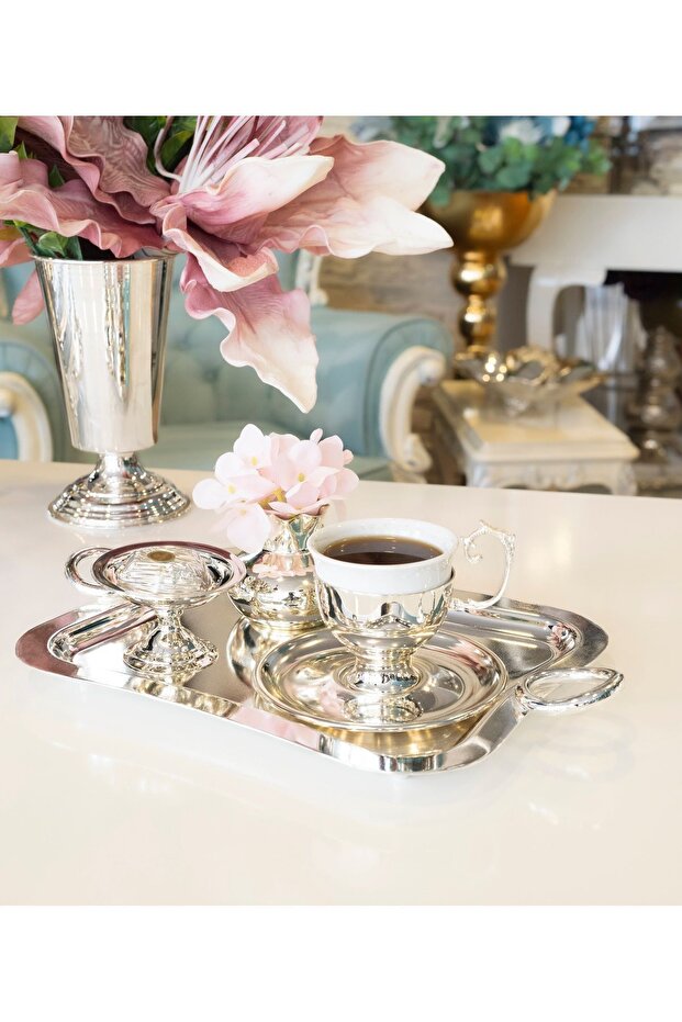 صينية عرض مطلية بالفضة بشكل مستطيل مع تفاصيل دائرية (حجم لشخص واحد) - 3