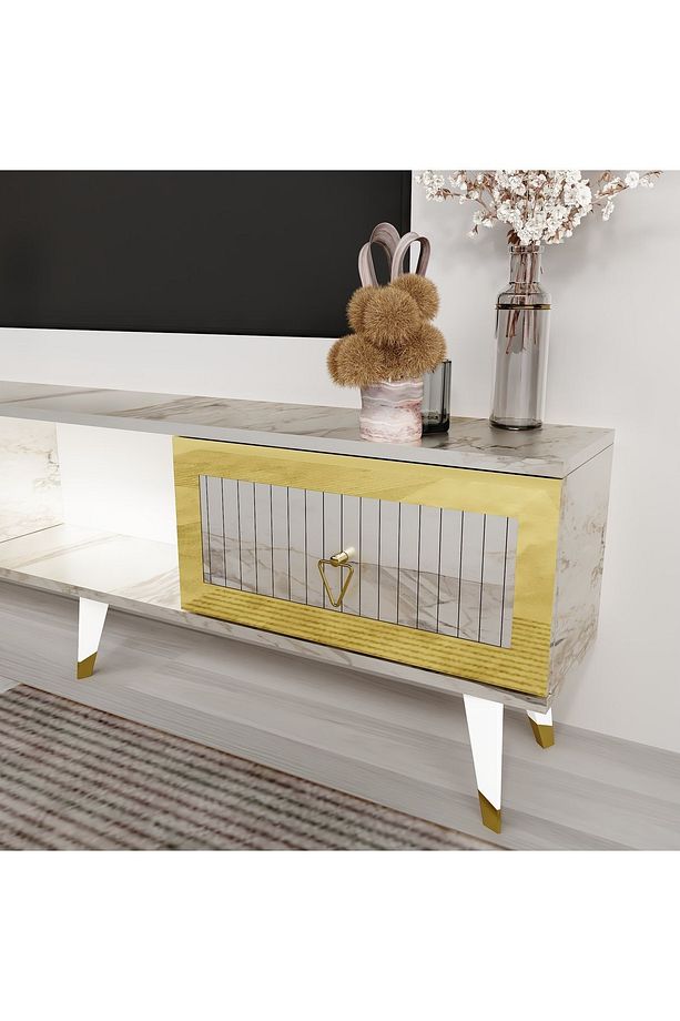 PİRAMİT 20 CM SEHPA,TV ÜNİTESİ MOBİLYA AYAĞI ( 5 ADET) BEYAZ-ALTIN - 1