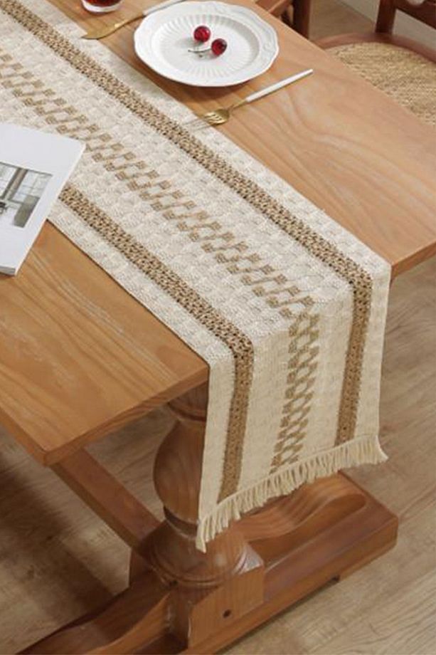 Pamuk Dantel Runner 35x145 cm Masa Örtüsü Açık Kahve, Krem - 7