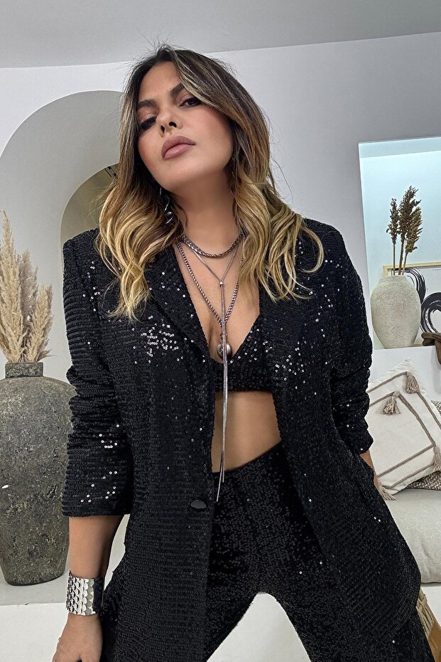 Sequined Blazer Jacket Black - 5