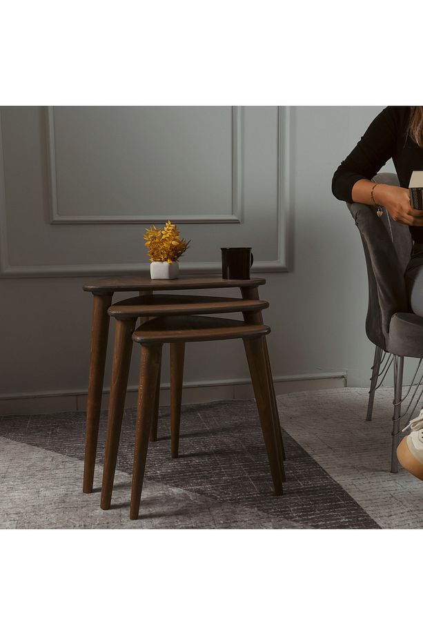 Masif Doğal Ahşap Zigon Sehpa 3'lü Set, Modern Masif Yan Sehpa Ceviz - 5