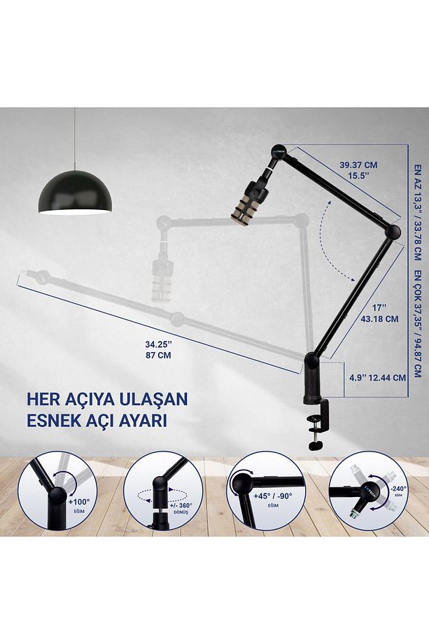 Mikrofon Tutucu Stand - Yayın Ve Podcast Için Ayarlanabilir 360° Mikrofon Kolu Boom Arm - Hero - 7