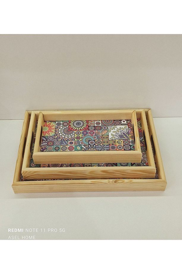 Ahşap Çini Desenli 3'lü Mandala Tepsi - 2
