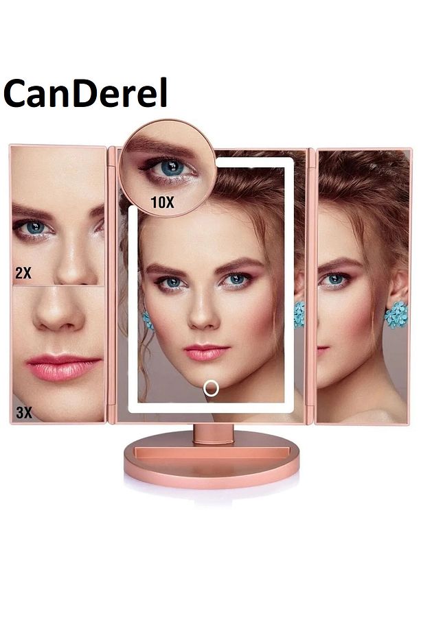24 Led Işıklı Masa Üstü Profesyonel Makyaj aynası Katlanabilir 1X-2X-3X+10X HD Zoomlu Pembe - 1