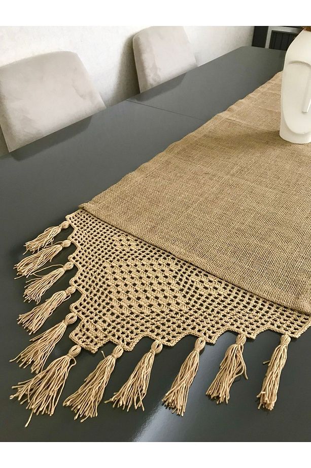 Örgü Motif Püsküllü Jüt Kumaş Runner 40x140 Cm - 4