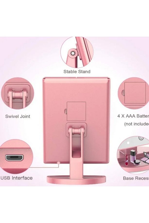 24 Led Işıklı Masa Üstü Profesyonel Makyaj aynası Katlanabilir 1X-2X-3X+10X HD Zoomlu Pembe - 5
